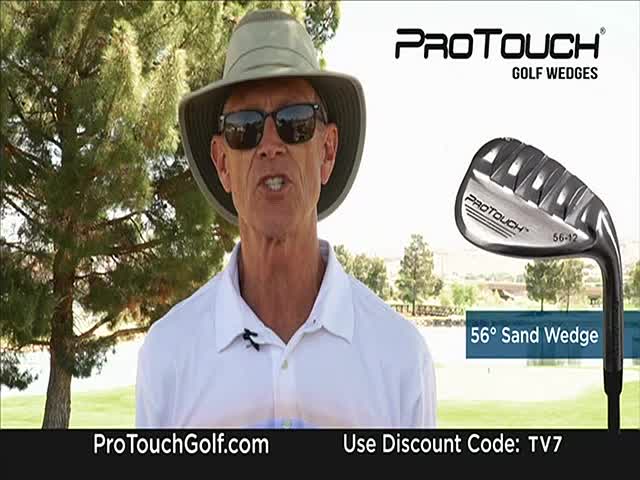 A man in sunglasses and a hat talks directly to the camera, promoting ProTouch golf wedges. To his right, a 56-degree sand wedge is displayed, and the website and discount code are listed at the bottom.
