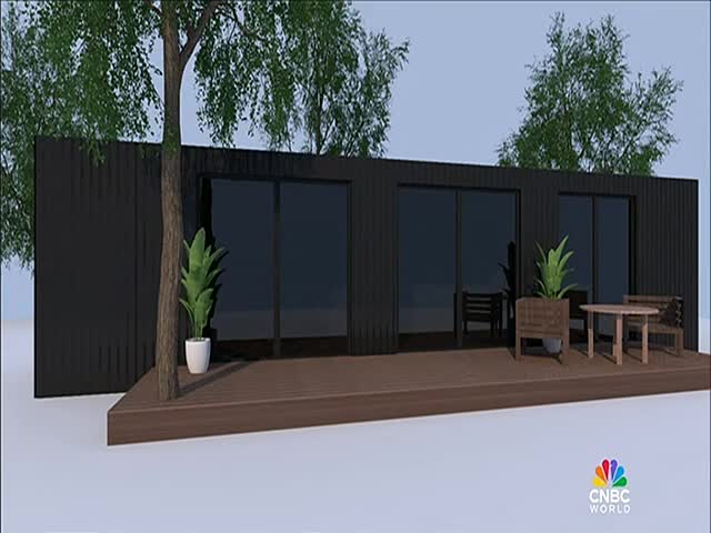 A modern, black building with large windows sits on a wooden deck, and a tree grows right through it. There's a small table and chairs outside, with potted plants adding a touch of green.
