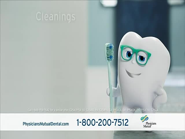 A cartoon tooth, wearing glasses and holding a toothbrush, smiles at the viewer. Underneath, contact information for Physicians Mutual Dental is displayed.
