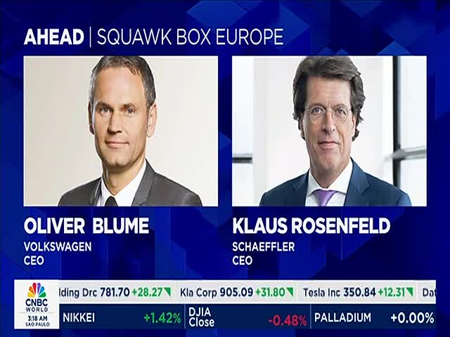 Two men in suits, Oliver Blume and Klaus Rosenfeld, are displayed on CNBC World's "Squawk Box Europe" segment. Below, stock market data scrolls across the screen.
