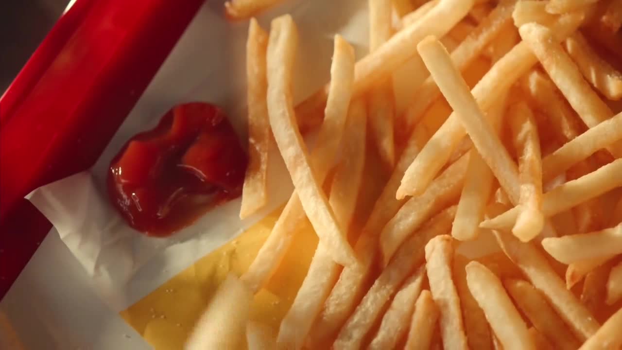 A pile of golden-brown fries spills across a red tray, next to a dollop of ketchup on a small paper square. The fries are all different lengths and sizes, and some are angled towards the viewer.
