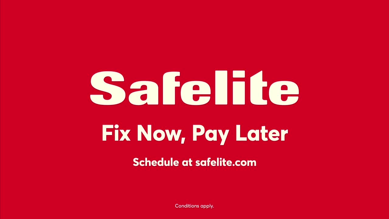 The Safelite logo, in a bold, off-white font, pops against a bright red background. Below, the tagline "Fix Now, Pay Later" promises a solution, with the website address displayed underneath.
