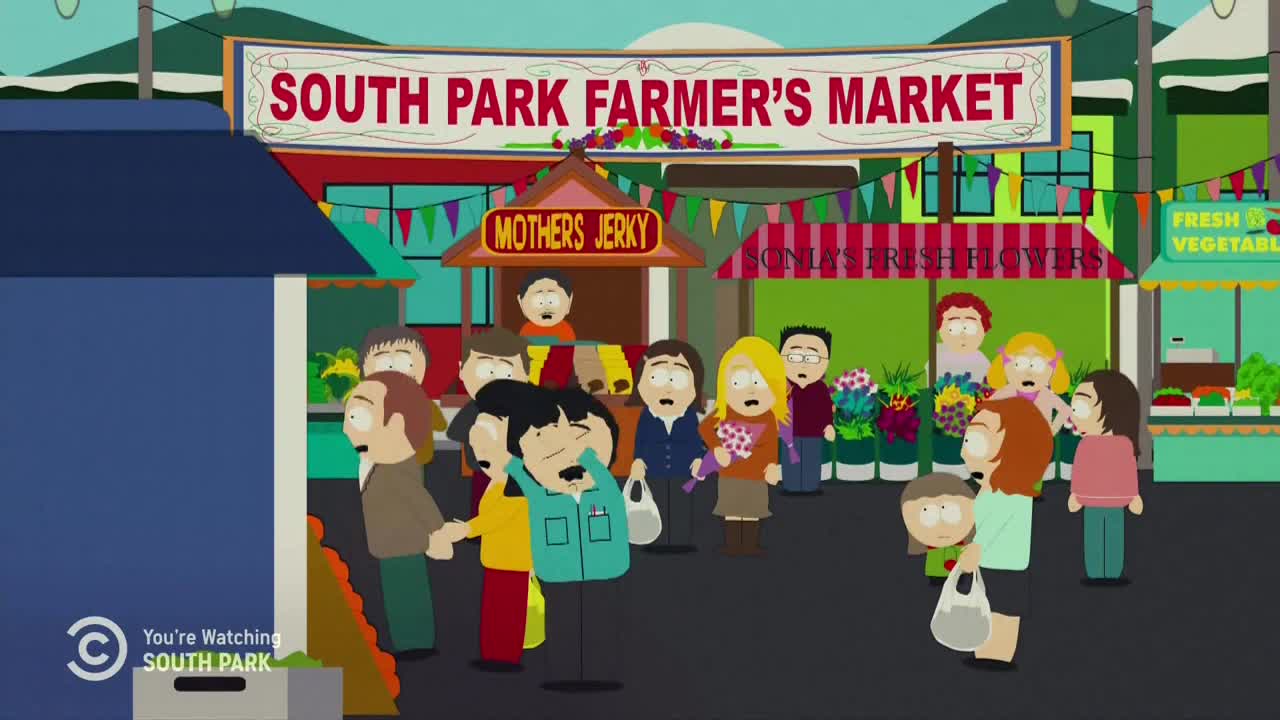 A crowd of people, all with wide eyes, are gathered at the South Park Farmer's Market. The "Mother's Jerky" stand is visible, and the sign for "Only Irish Flowers" is nearby.
