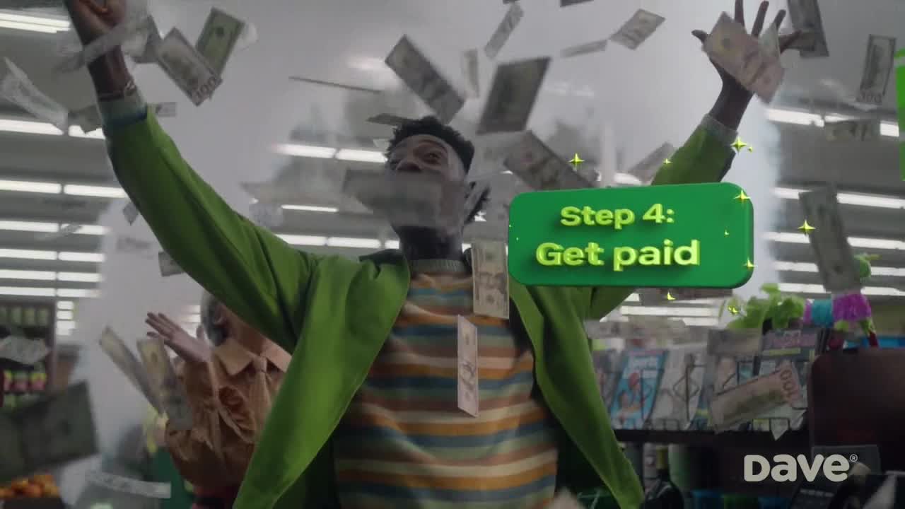 Money rains down as a man in a green jacket throws his arms up, celebrating. A green graphic on the screen reads "Step 4: Get paid," likely a commercial from the United States.
