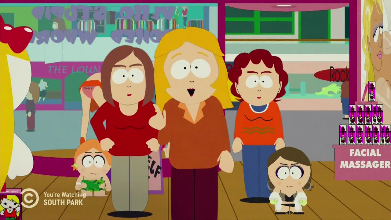 Three women and two children stare wide-eyed, one of the women pointing upward. A Comedy Central logo sits in the corner, signaling the show's familiar style.
