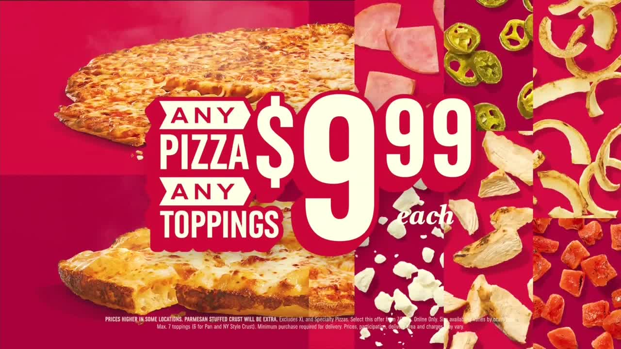 Two pizzas, one with a golden crust, sit next to a large price tag. Scattered across the background are images of toppings like ham, jalapeños, and onions.
