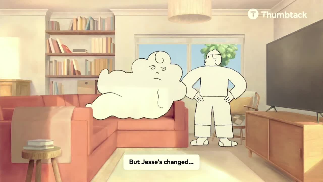 A cloud-shaped character lounges on a red couch, looking glum. Beside it, a human-like figure stands with hands on hips, as if observing the cloud's mood.
