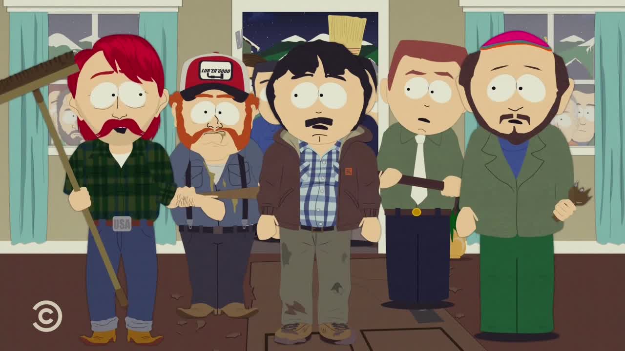 A group of men, some holding brooms and brushes, stand together in front of a doorway. Randy Marsh, with a concerned expression, is in the middle of the group.
