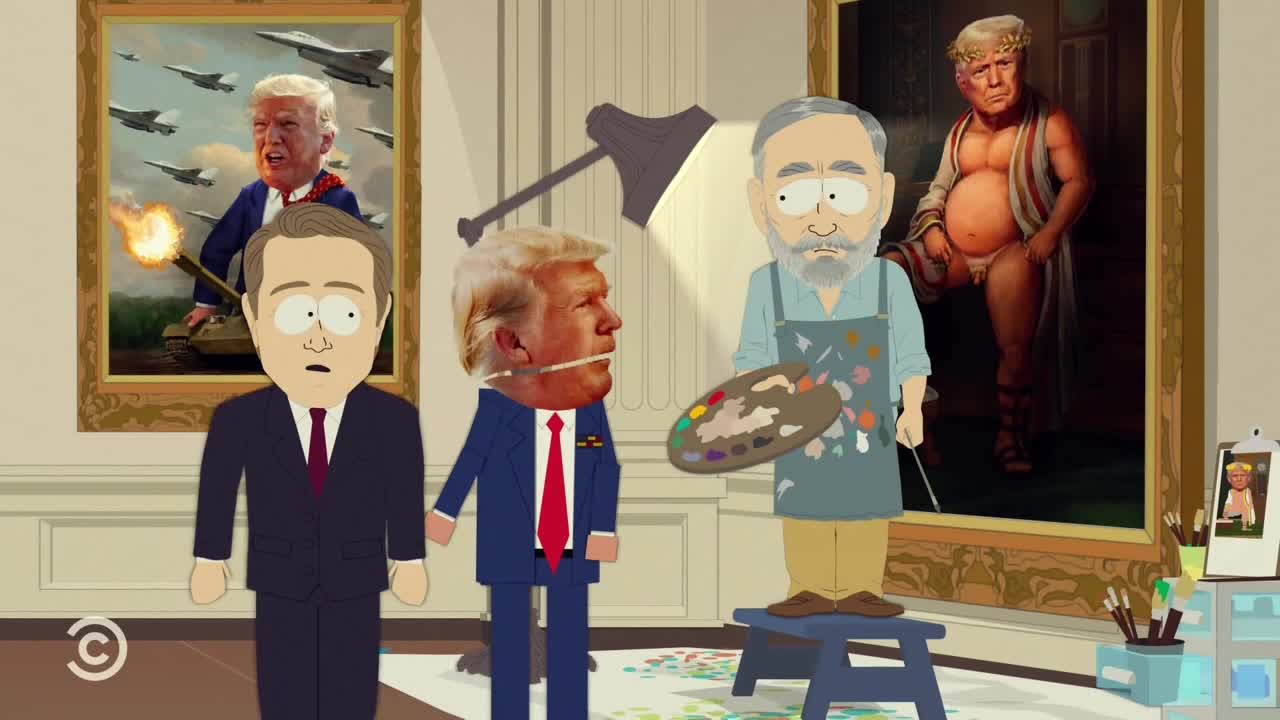 A painter, standing on a stool, holds a palette while a man with a Trump head stands next to him. Two paintings of Trump hang on the wall, one of him on a tank firing a cannon, and the other of him as a nude Roman statue.
