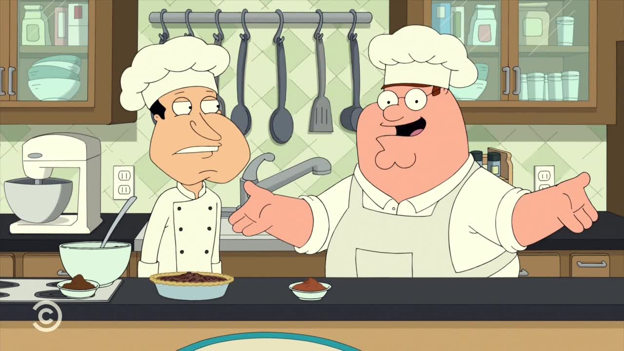 Peter Griffin, in a chef's hat, gestures broadly with his arms, while Quagmire looks on with a skeptical expression. A pie sits on the counter alongside bowls of ingredients, all under the Comedy Central logo.
