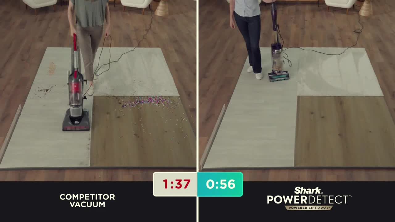 A woman pushes a red vacuum cleaner across a section of carpet scattered with debris. On the right, another person is vacuuming a similar area with a different machine, and the timer shows a faster cleaning time.
