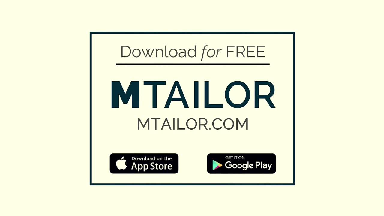 A framed advertisement for MTAILOR is displayed, with a tagline and links for downloading the app. The app can be downloaded for free on the App Store and Google Play.
