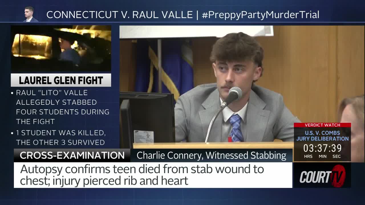 A young man, Charlie Connery, sits at a witness stand, facing the camera. Court TV's verdict watch timer ticks down as the jury deliberates in the Connecticut case.
