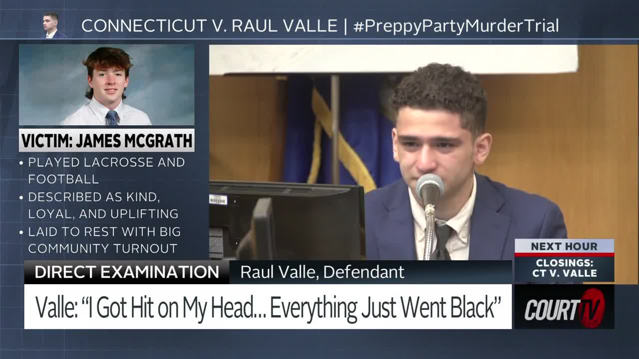 Raul Valle, the defendant, is speaking into a microphone, his face etched with emotion on Court TV. A graphic on the screen identifies him and the case, with a photo of the victim.
