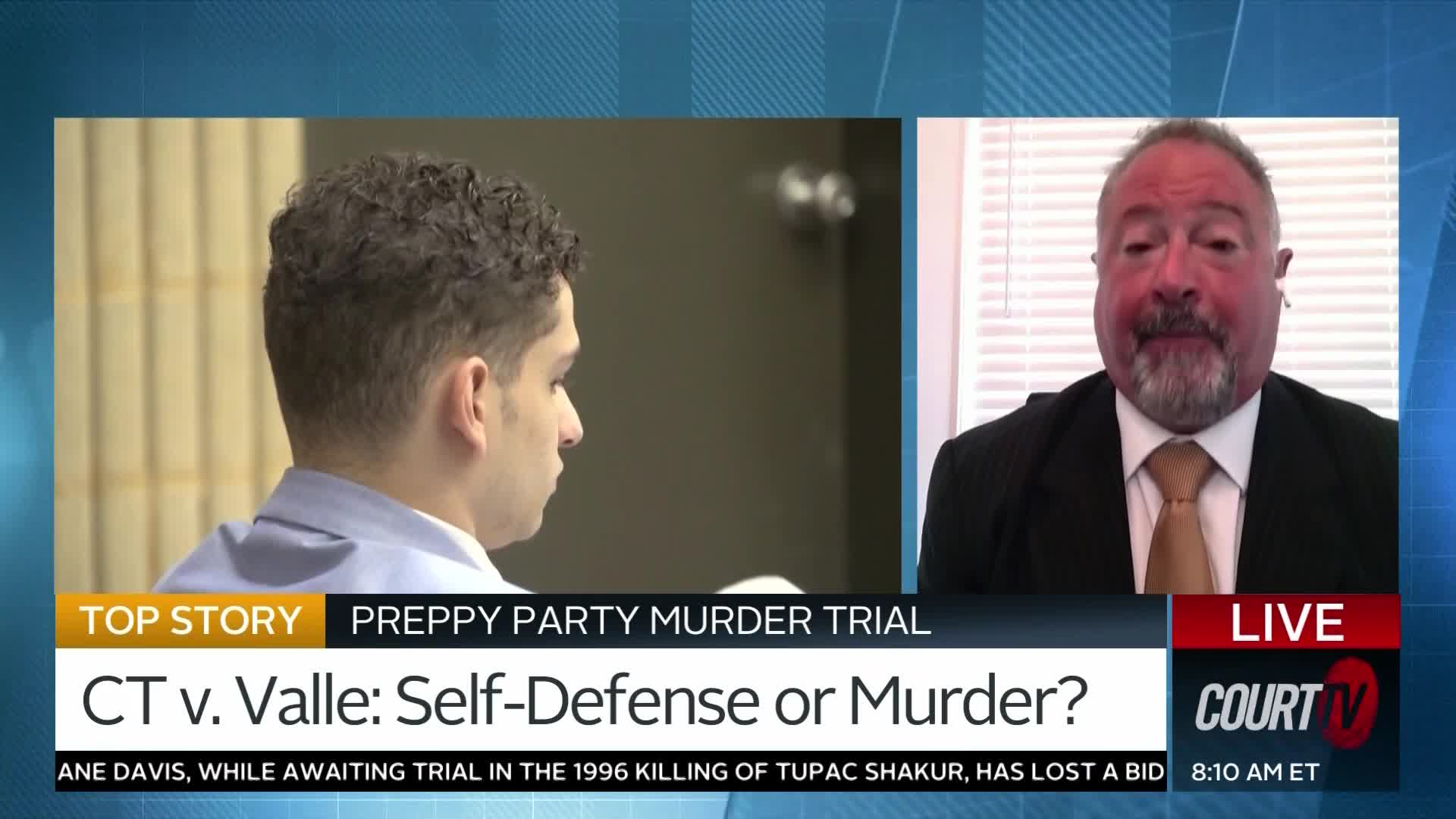 A man with curly hair sits facing away from the camera, and on the right, a man in a suit is speaking on Court TV. The chyron poses the question of self-defense or murder in the "Preppy Party Murder Trial."
