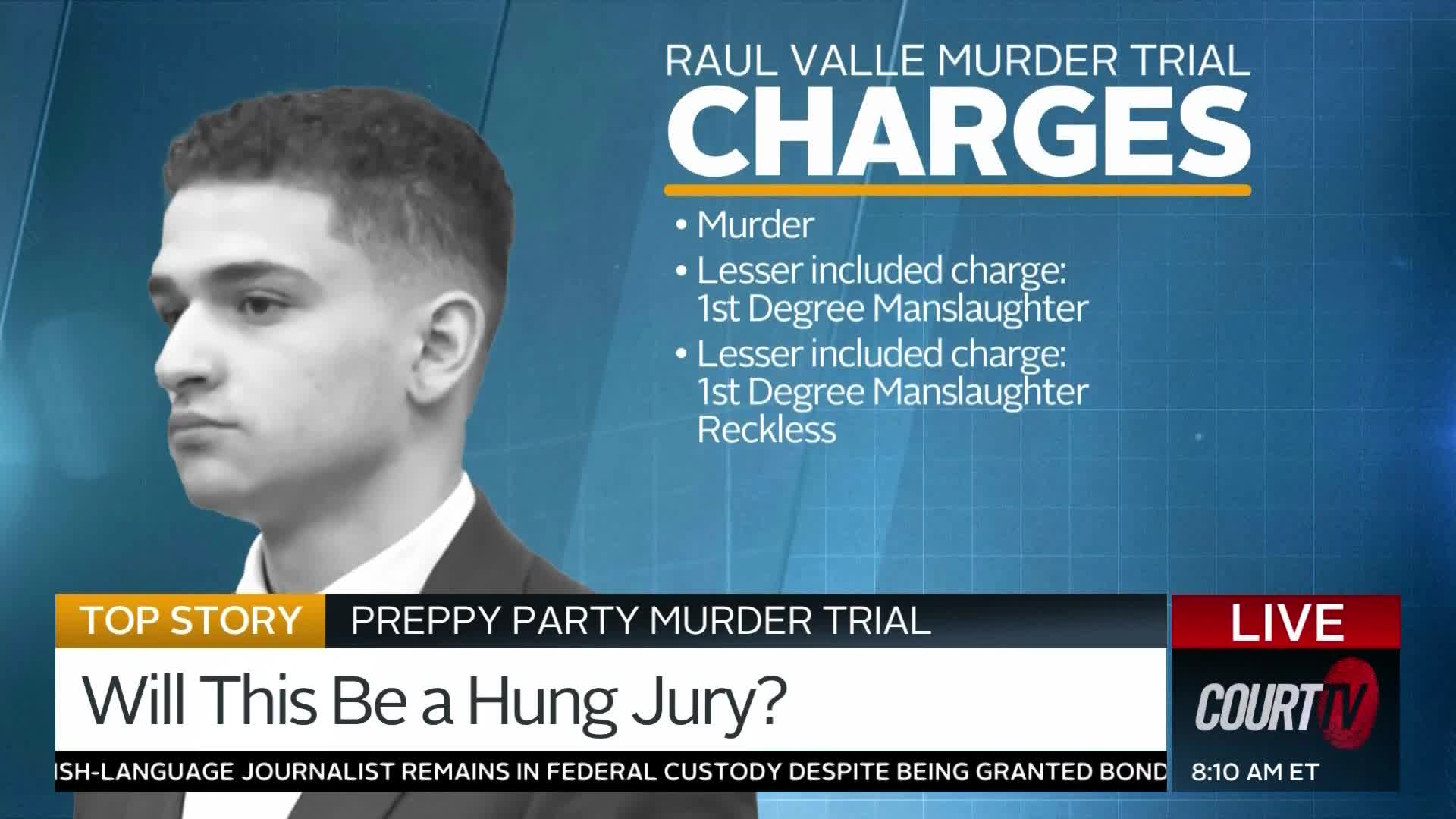 A black and white image of a young man is displayed on Court TV, above a graphic about the Raul Valle murder trial. The chyron asks if the "Preppy Party Murder Trial" will result in a hung jury.
