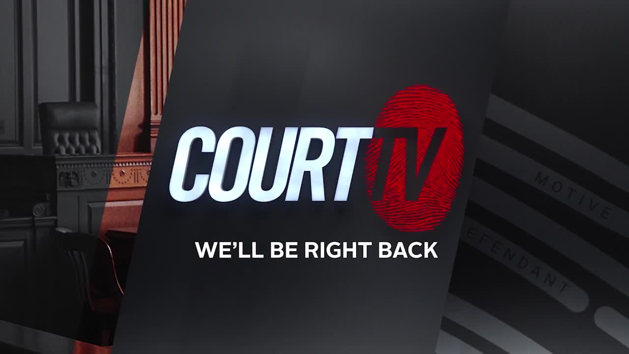 The Court TV logo, in bold white letters, dominates the screen, with a red fingerprint replacing the "V." Below, the words "WE'LL BE RIGHT BACK" are displayed.
