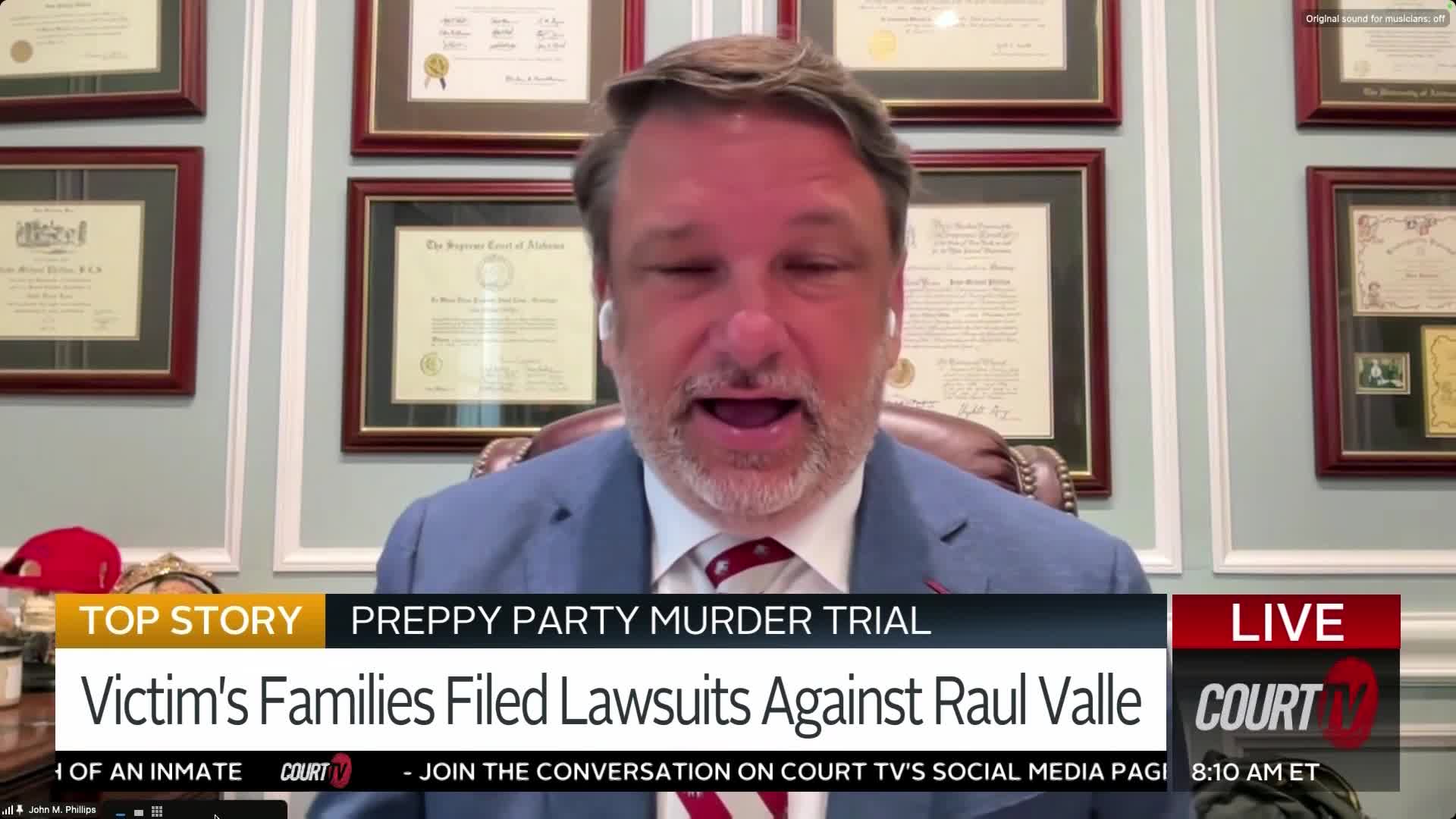A man in a blue suit is speaking animatedly, wearing earbuds and facing the camera. The Court TV logo and "Preppy Party Murder Trial" headline are displayed on the screen below him.
