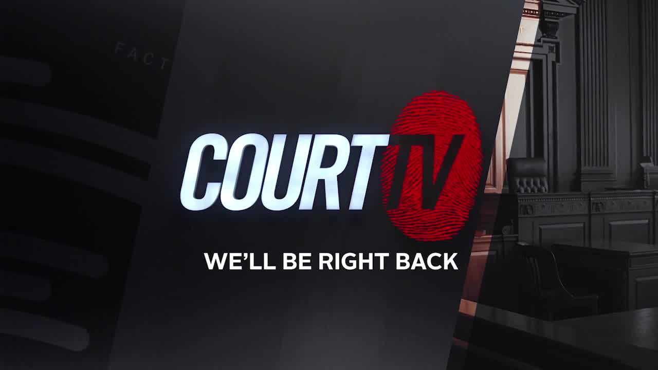 The Court TV logo, with its red fingerprint, is front and center, promising a return. A courtroom, rendered in shades of gray, forms the backdrop.
