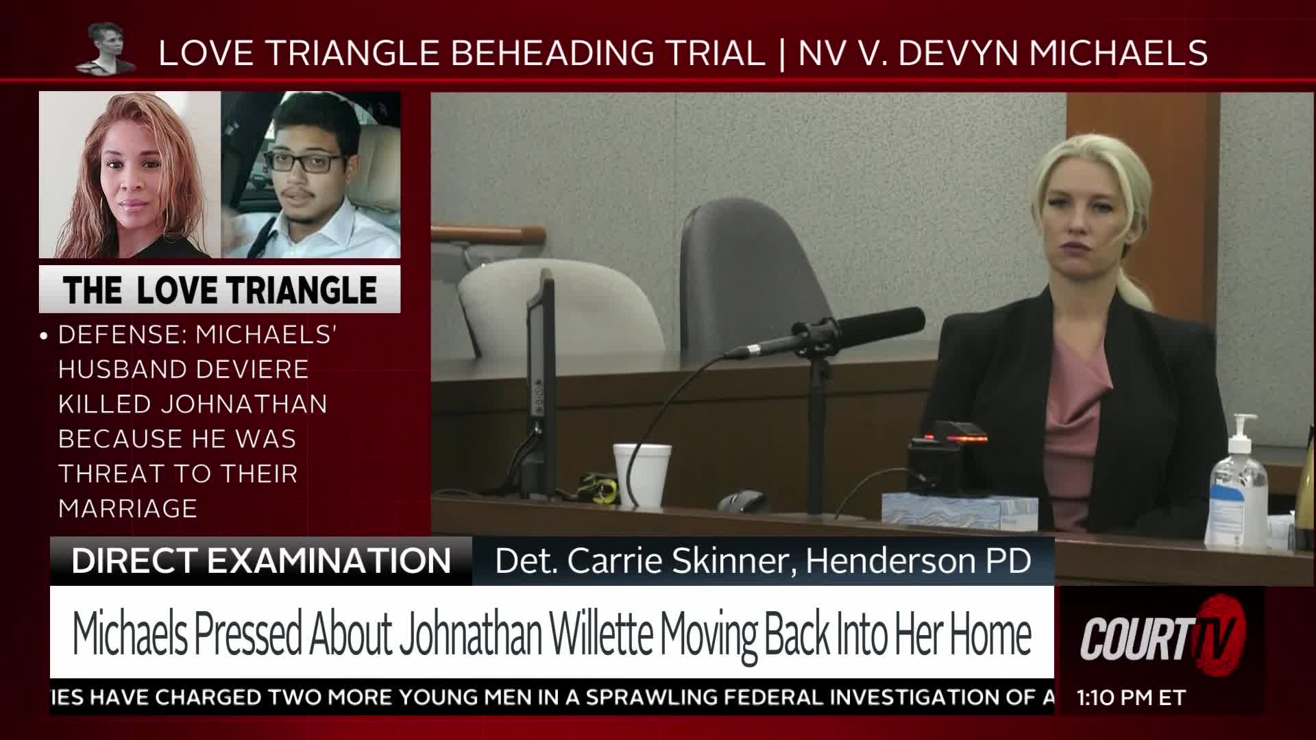 A woman in a black blazer sits at a desk, facing forward with a serious expression. The Court TV logo is visible in the bottom right corner, as the trial of Devyn Michaels unfolds.
