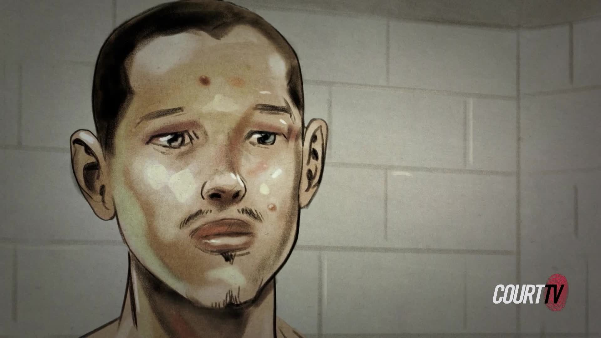 A man with a thin mustache and a few blemishes stares off to the side, his expression somber. The Court TV logo is visible in the corner, and the background is a stark, tiled wall.
