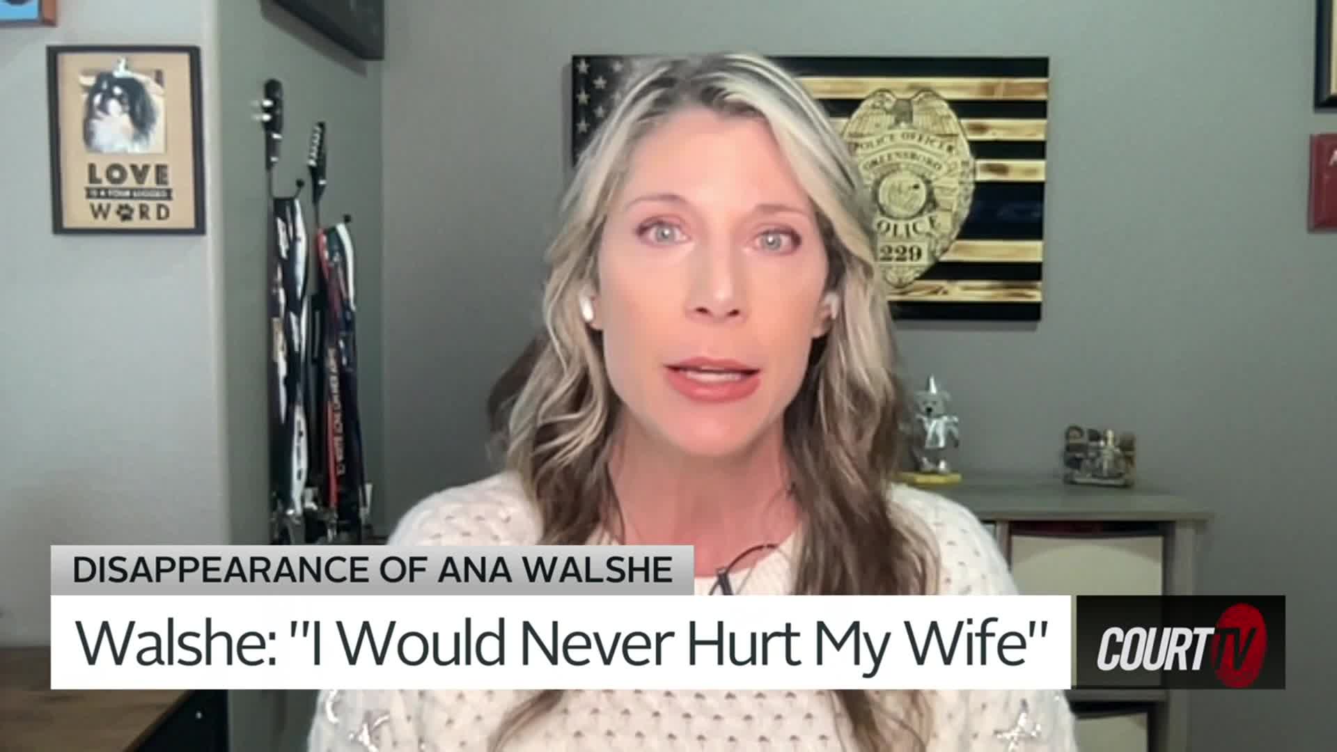 A woman with blonde hair and a neutral expression is speaking, likely on Court TV. Below her, a graphic identifies the topic as the disappearance of Ana Walshe and quotes a statement from Walshe.
