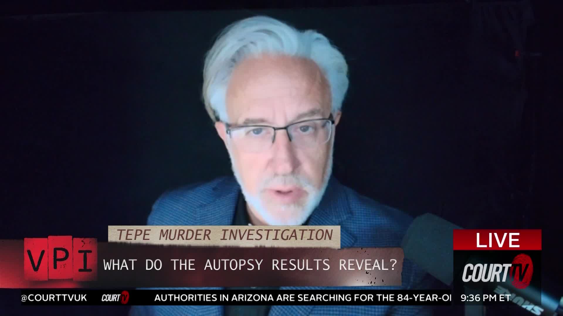 The man with graying hair and glasses is speaking, and the words "TEPE MURDER INVESTIGATION" and "WHAT DO THE AUTOPSY RESULTS REVEAL?" appear on screen. A "LIVE COURT TV" graphic is also visible.