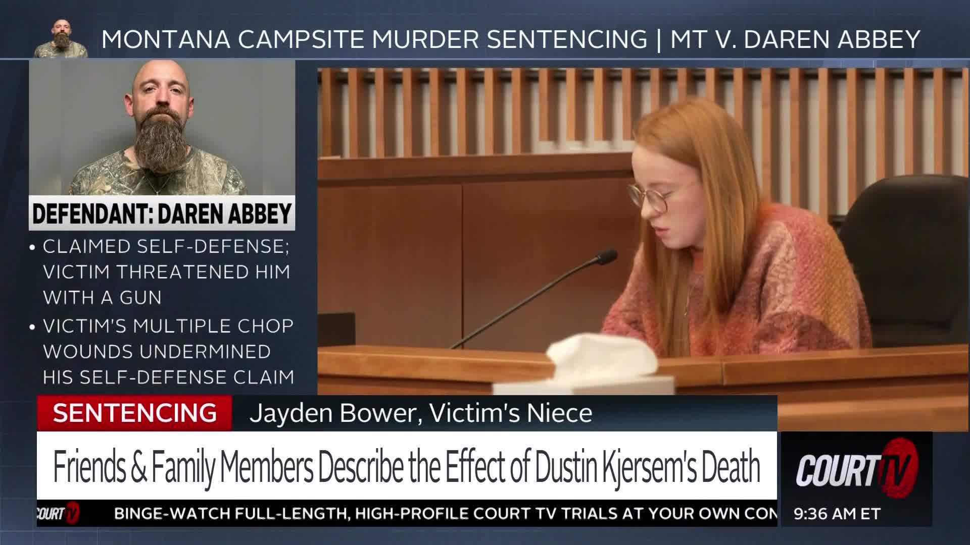 A young woman with red hair, Jayden Bower, reads a statement at a sentencing hearing. Her words, detailing the impact of Dustin Kjertsem's death, fill the courtroom.