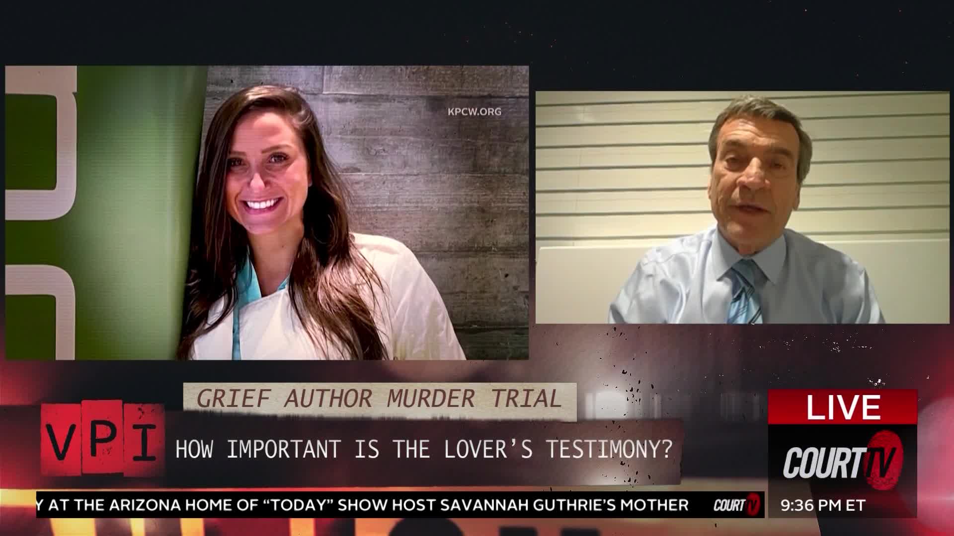 A woman with long, dark hair smiles from a split screen, while a man in a blue shirt and tie speaks directly to the camera. The bottom of the screen displays "GRIEF AUTHOR MURDER TRIAL" and "HOW IMPORTANT IS THE LOVER'S TESTIMONY?" with Court TV branding.