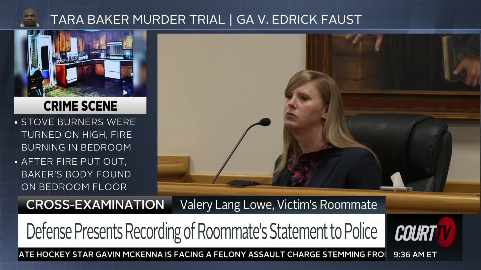 A woman with blonde hair, identified as Valery Lang Lowe, the victim's roommate, sits at a witness stand, looking off to the side. A graphic on the screen details the crime scene, noting the stove burners were on high and a fire burned in the bedroom where the victim's body was found.