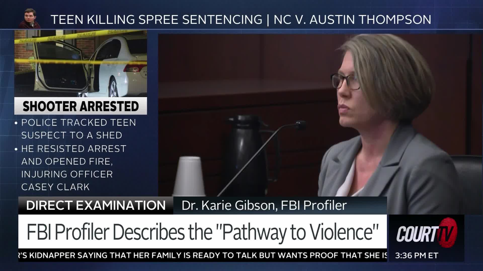A woman in a gray suit, identified as an FBI profiler, speaks at a podium in a courtroom. On the left, a graphic details the arrest of a shooter after a police chase.