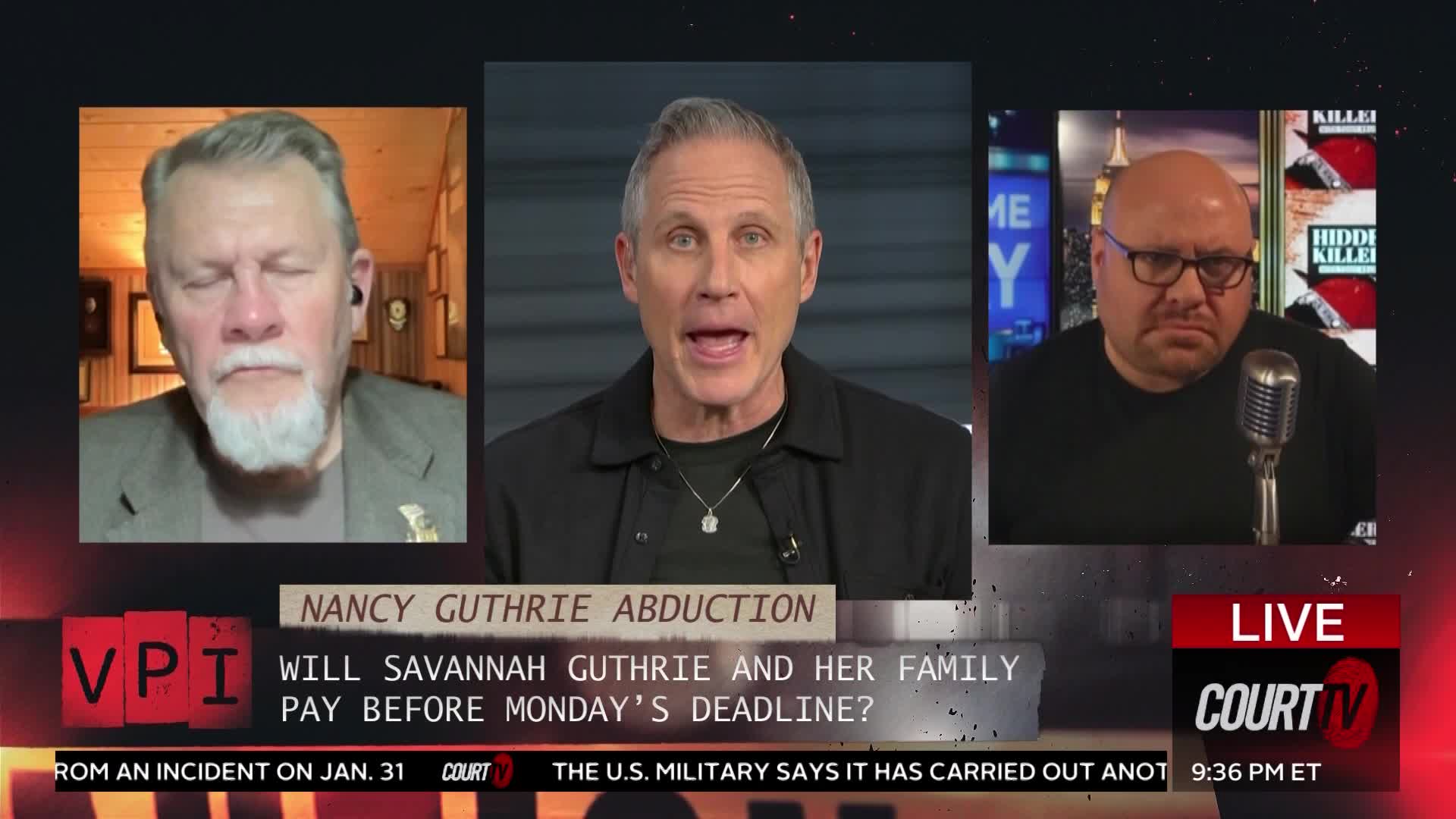 A man with a gray beard speaks intently, his eyes closed. Beside him, a man in a black jacket gestures with his mouth open, looking directly ahead. To the right, another man with glasses and a bald head stares down, a vintage microphone in front of him.