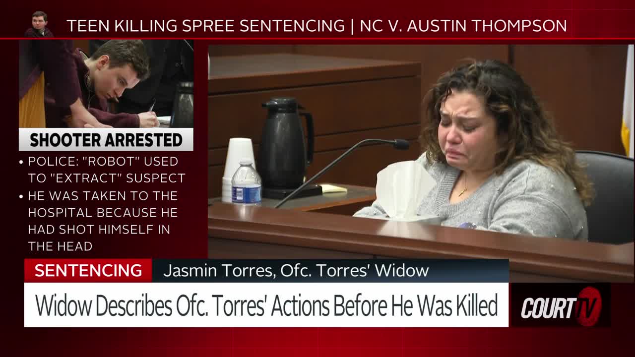 A woman weeps at a courtroom table, clutching a tissue. A graphic overlay identifies her as the widow of Officer Torres, and a smaller inset shows a young man being led away, labeled "SHOOTER ARRESTED."