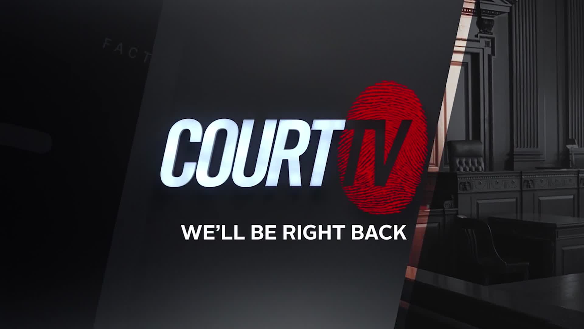 The Court TV logo, a stylized fingerprint, glows white and red. Below it, the words "WE'LL BE RIGHT BACK" appear in white text against a dark background.
