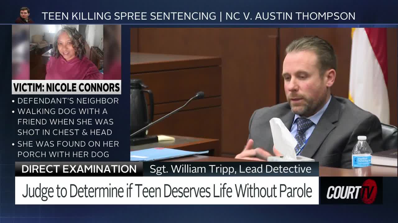 A detective, Sgt. William Tripp, speaks at a podium during a direct examination. On the left, a photo displays Nicole Connors, the victim, with details about her death.