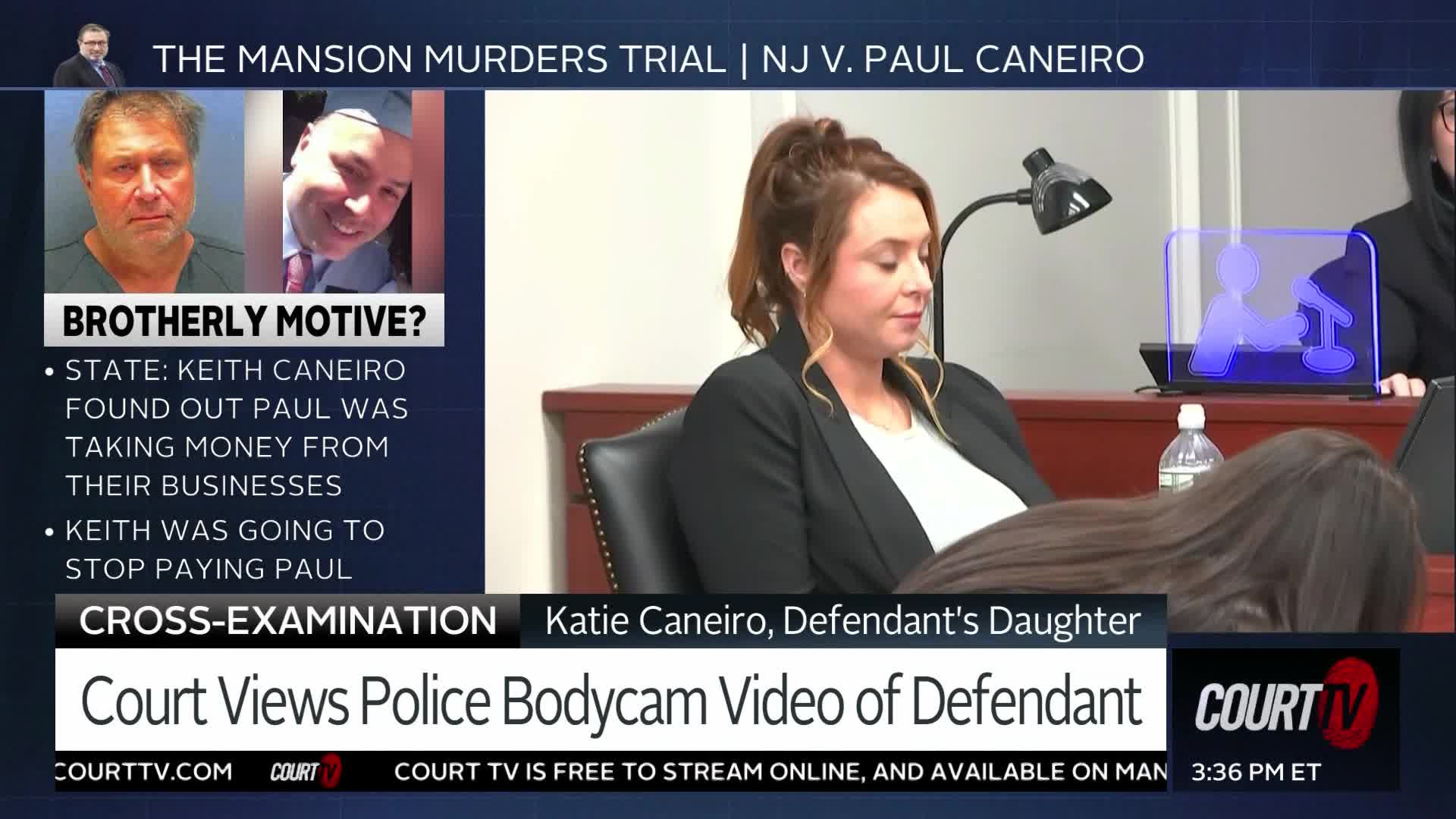 Katie Caneiro, the defendant's daughter, sits in court during the Mansion Murders Trial. A graphic on screen details the state's claim of a "brotherly motive" involving financial disputes.