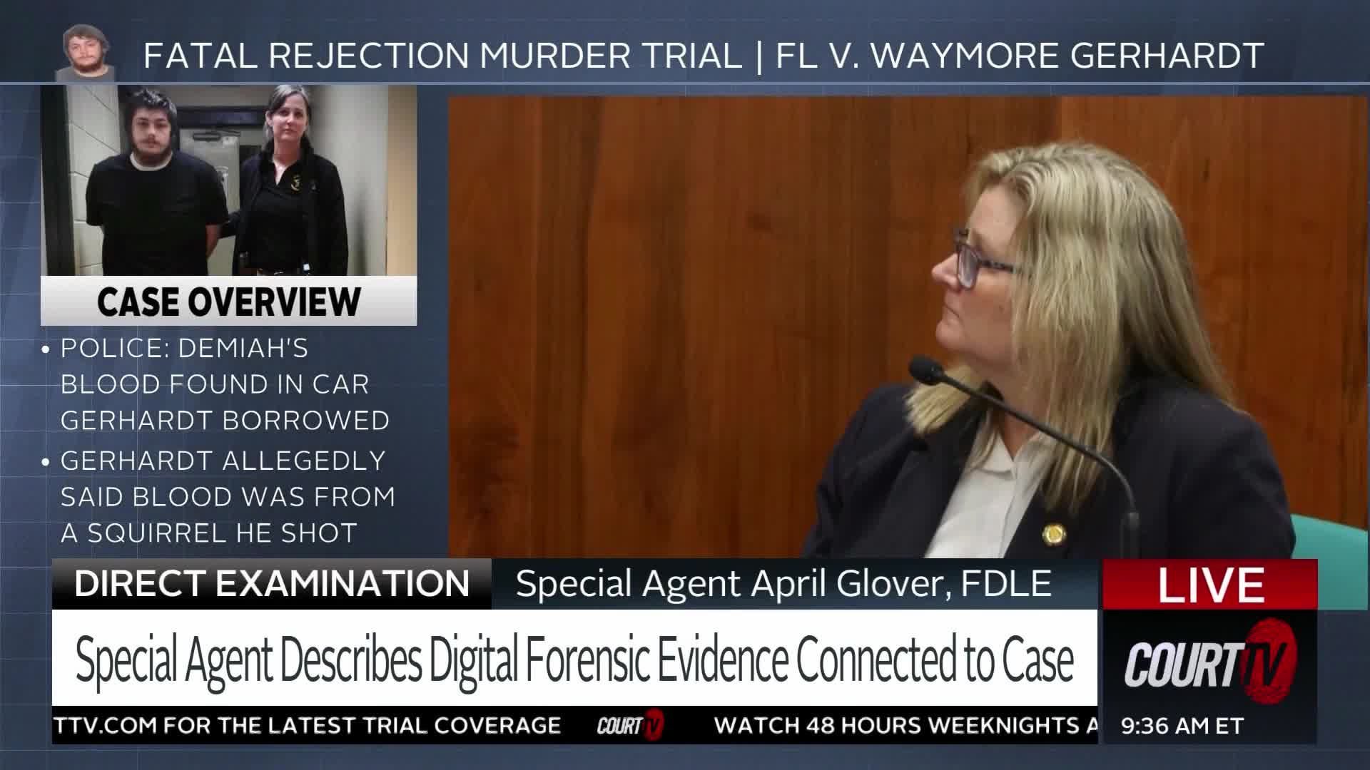 A woman with blonde hair and glasses, Special Agent April Glover, speaks into a microphone at a court hearing. On a screen to the left, a man in a black shirt stands next to a woman in uniform.
