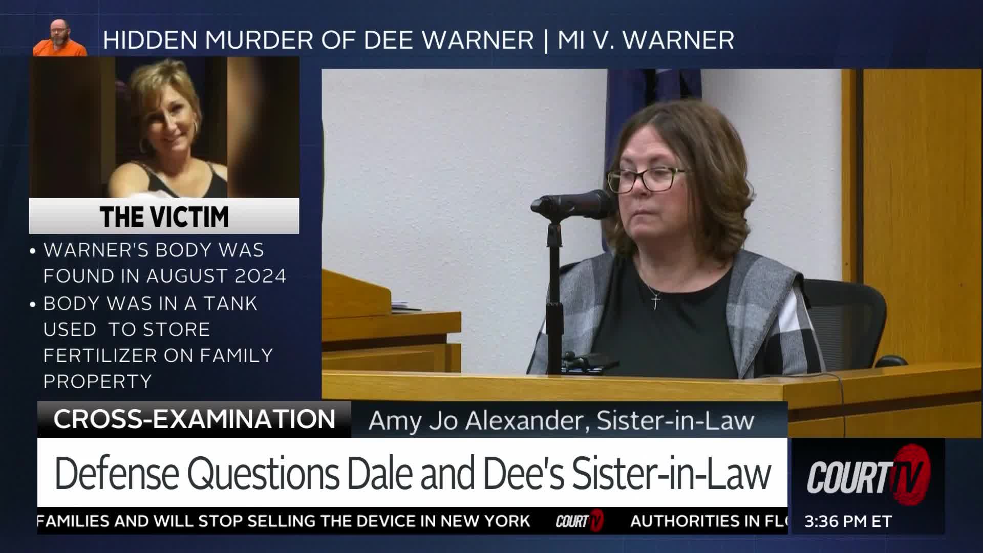 A woman with glasses and a gray and white plaid cardigan sits at a table, speaking into a microphone. On the left, a photo of a smiling woman is displayed with text about the victim's body being found in a fertilizer tank.