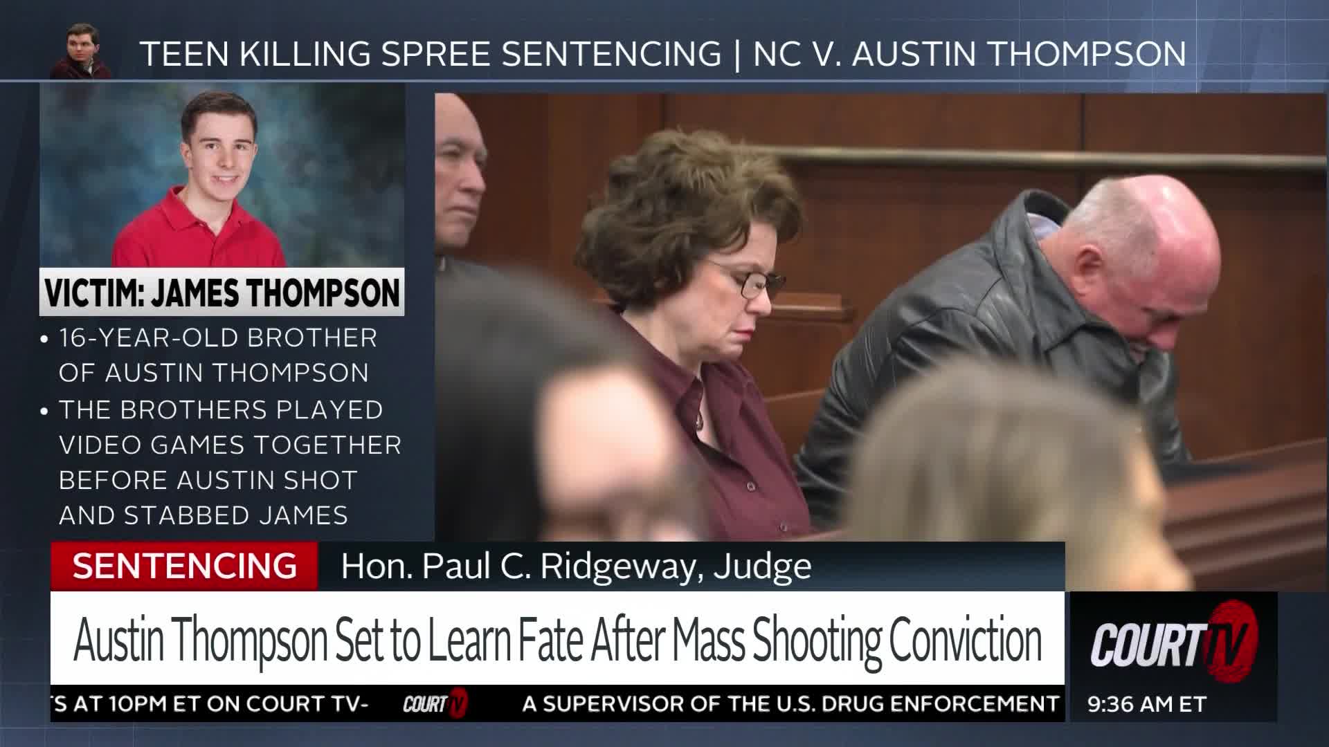 The judge, Hon. Paul C. Ridgeway, presides over the sentencing. A man in a leather jacket bows his head, while a woman in a maroon shirt looks down, both seated in the courtroom.