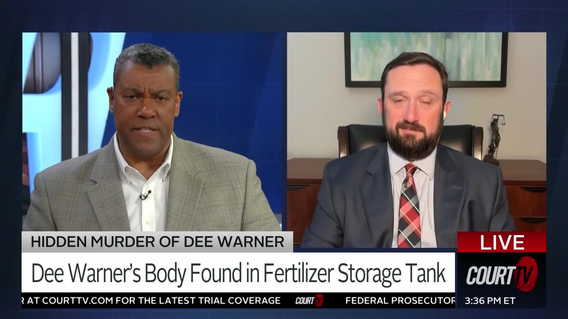 A man in a suit looks directly at the camera, his expression serious. To his right, another man in a suit with a beard speaks, his eyes downcast. A banner across the bottom of the screen reads "Dee Warner's Body Found in Fertilizer Storage Tank."