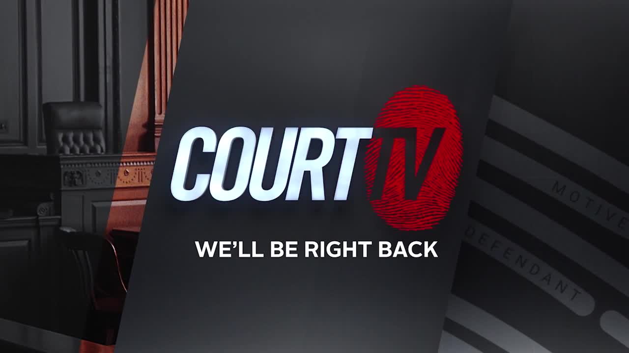 The Court TV logo is prominent, with "WE'LL BE RIGHT BACK" displayed beneath it. To the left, a dark courtroom scene with a judge's bench and chair is visible.