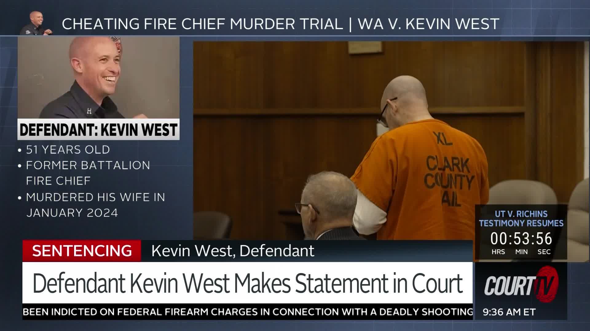 The defendant, Kevin West, stands in an orange jail jumpsuit, his back to the camera. He's in a courtroom, facing a man in a suit.