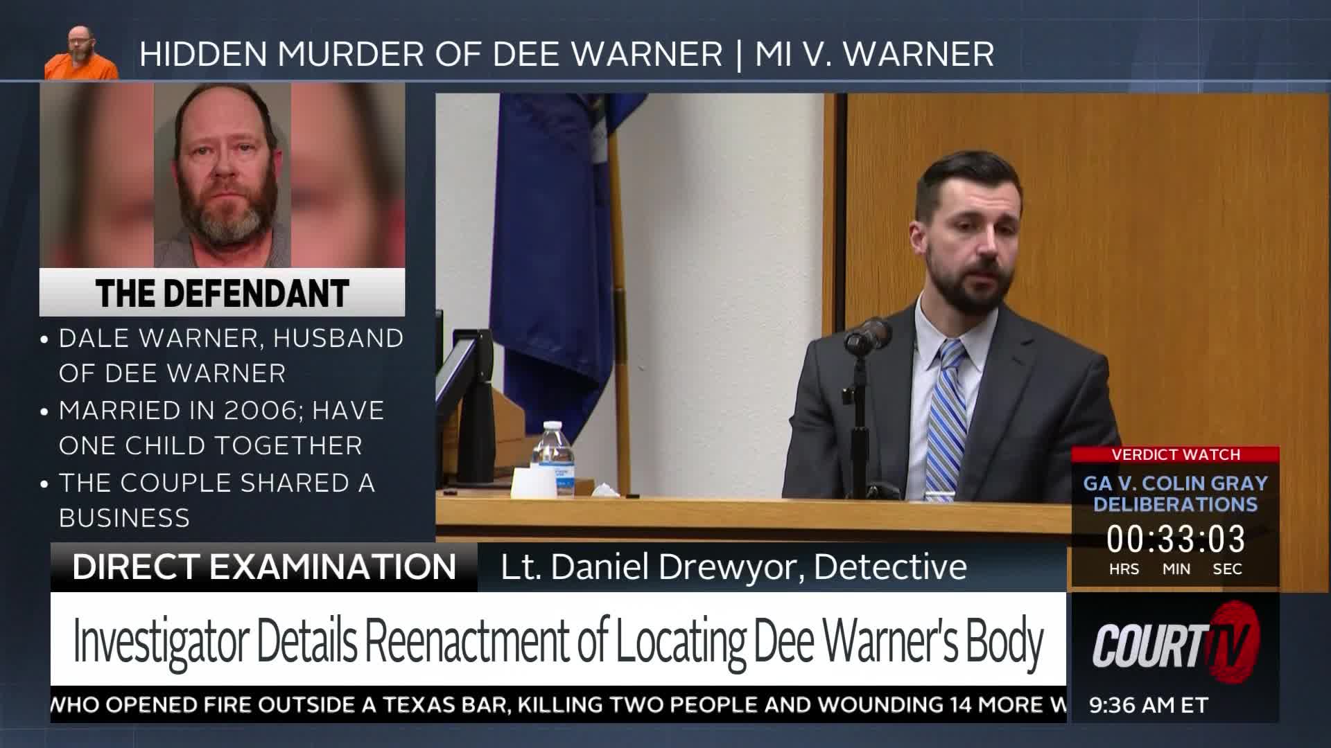 A detective, Lt. Daniel Dreyyor, sits at a table, speaking into a microphone. On a screen to his left, Dale Warner, the defendant, stares forward.