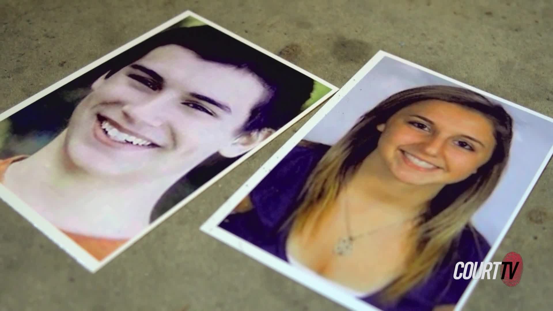 Two photographs lie on a textured surface, one of a smiling young man in an orange shirt, the other of a young woman with long brown hair. The Court TV logo is visible in the corner of the woman's photo.