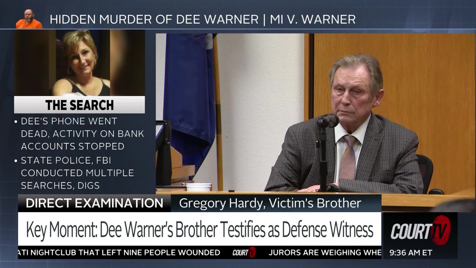 A man in a suit sits at a table, speaking into a microphone. On the screen, a photo of a woman is displayed next to text detailing the investigation into her disappearance.