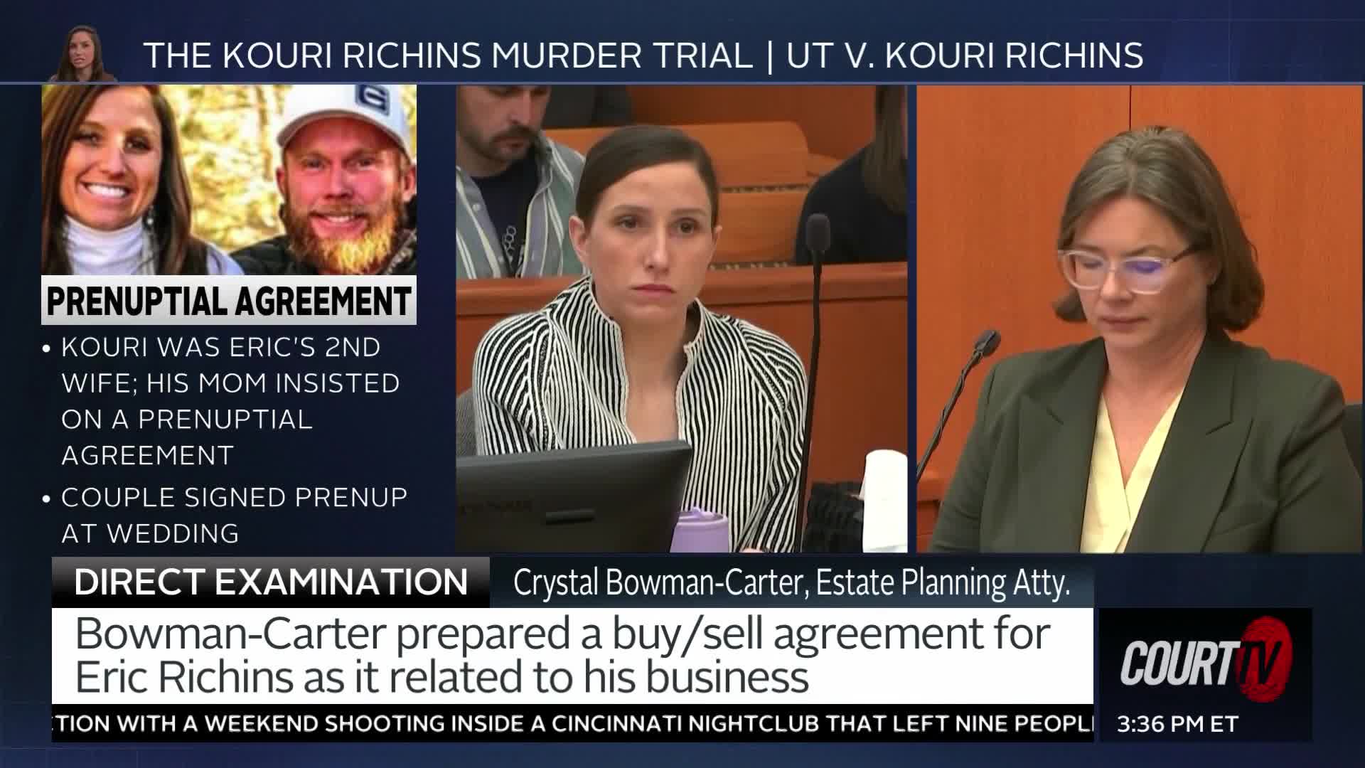 The woman in the striped shirt looks intently forward, her gaze fixed on something beyond the frame. To her right, another woman, wearing glasses and a dark blazer, leans over a document, her expression serious.