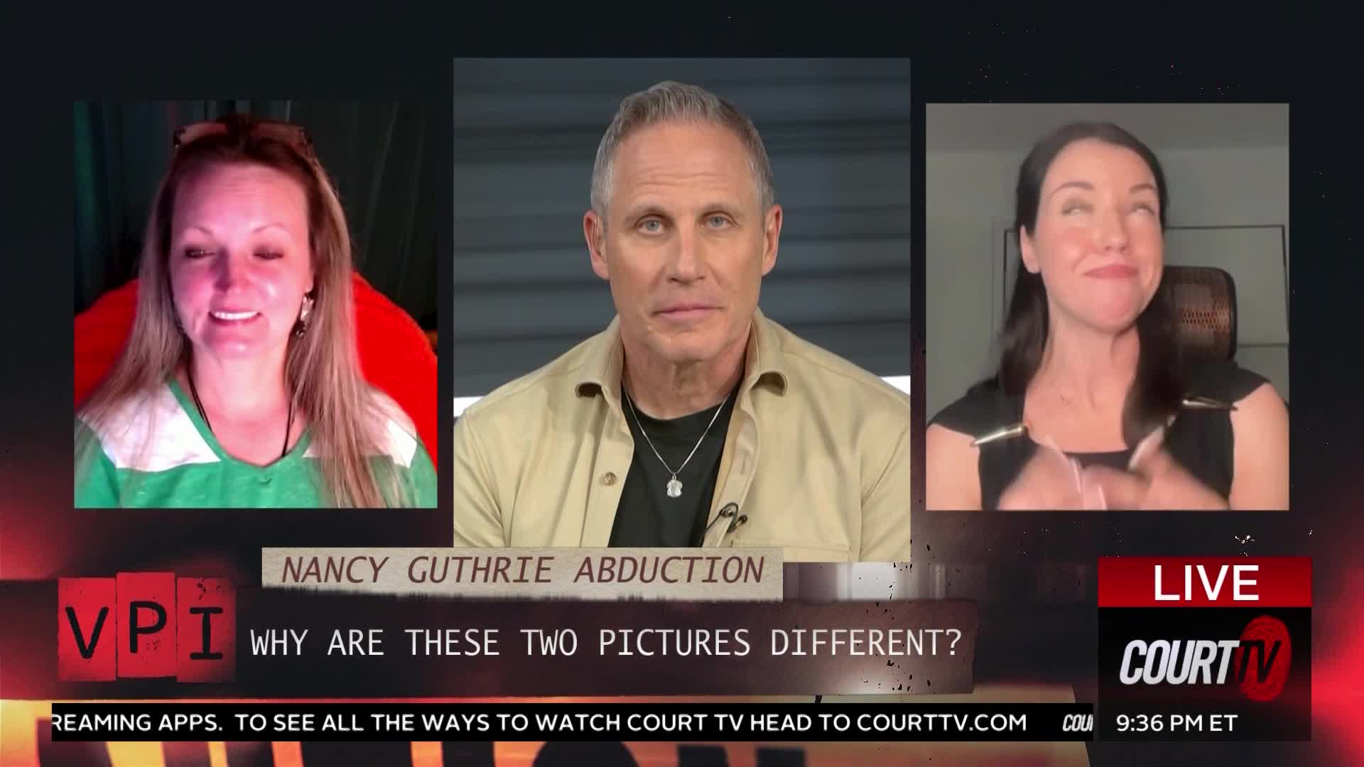 A woman with blonde hair, wearing a green and white shirt, smiles at the camera. To her right, a man in a tan shirt looks directly ahead, while a woman with dark hair on the far right gestures with her hands. A graphic overlay reads "NANCY GUTHRIE ABDUCTION" and "WHY ARE THESE TWO PICTURES DIFFERENT?"