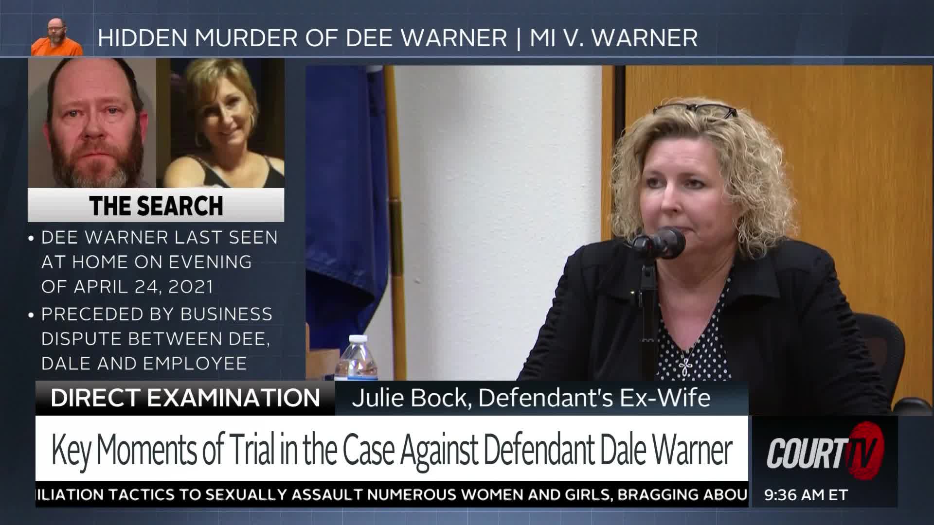 Julie Bock, the defendant's ex-wife, is speaking into a microphone. The screen displays information about the "Hidden Murder of Dee Warner" case.