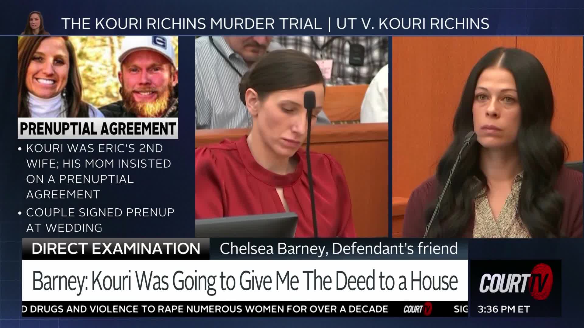 A woman in a red shirt, likely a witness, looks down at a table in front of her. To her right, another woman with dark hair sits at a microphone, her expression serious. The screen displays information about a prenuptial agreement and a headline about the Kouri Richins murder trial.