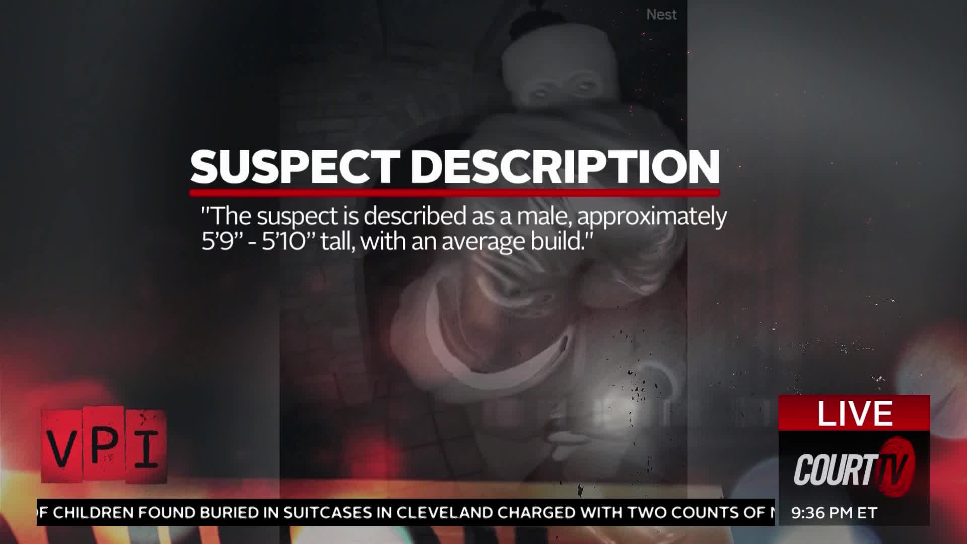 A grainy surveillance image displays a figure wearing a white ski mask and light-colored clothing. Text overlays from Court TV provide a suspect description, noting the individual is approximately 5'9" to 5'10" with an average build.